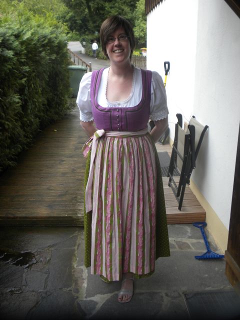 Front view, fuschia and olive green Dirndl